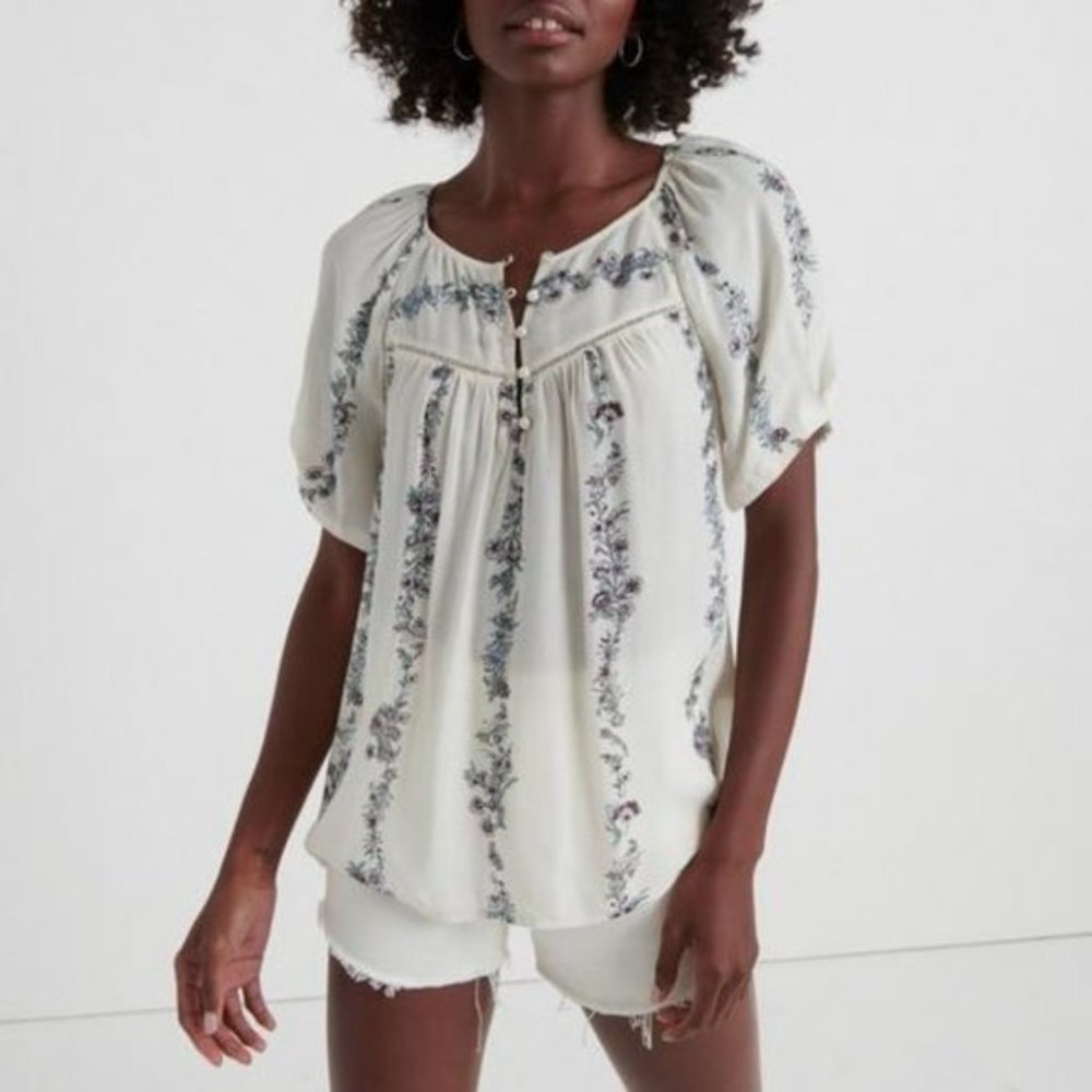 LUCKY Brand Puff Sleeve White Floral Blouse EUC Sm